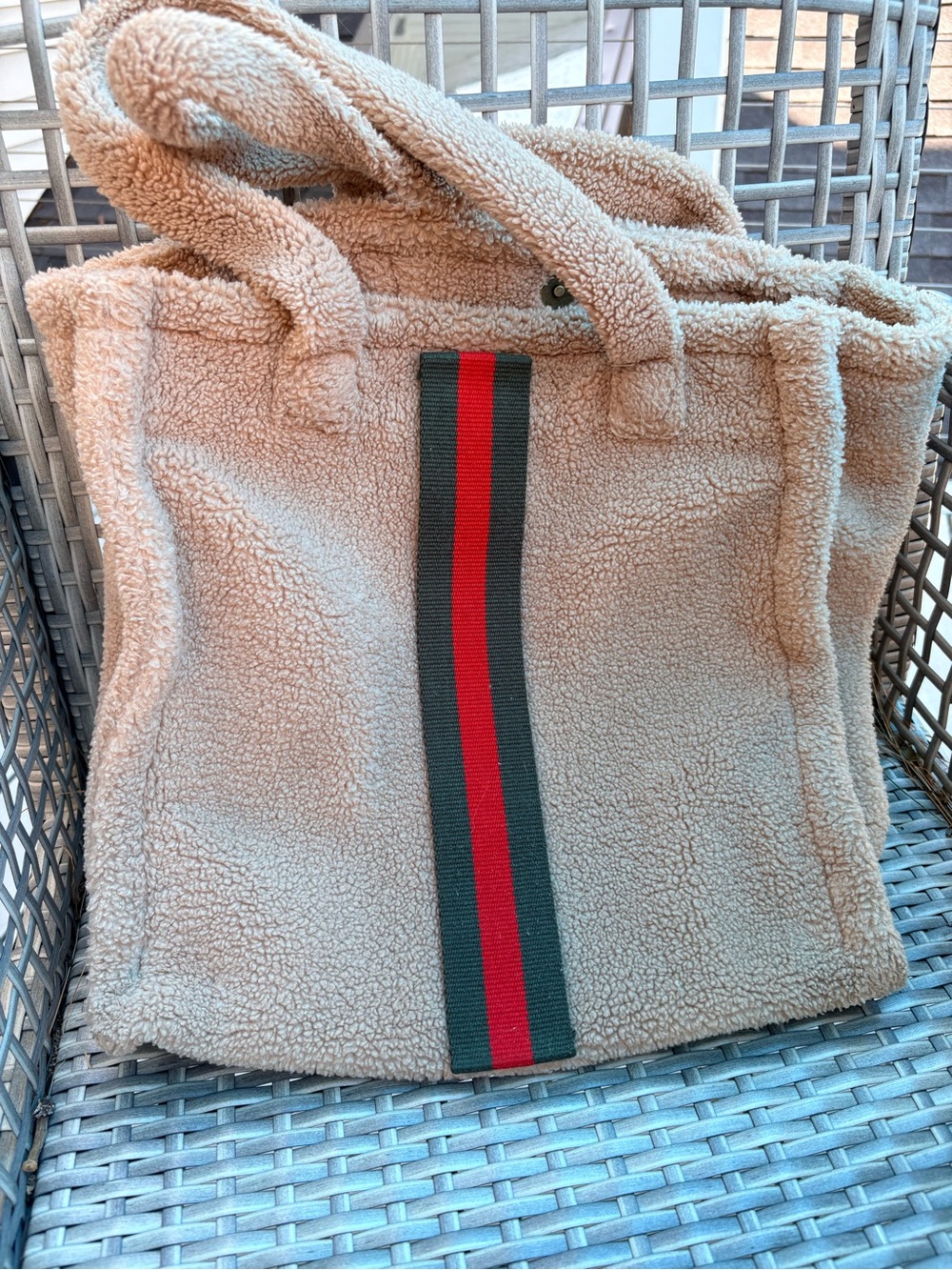 Beige Sherpa Tote with Green and Red Stripe